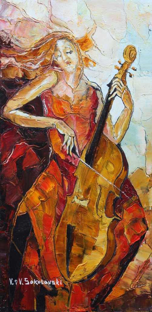 Musicians series - Cello - Oil on canvas, 20x12 - Valeri Sokolovski
