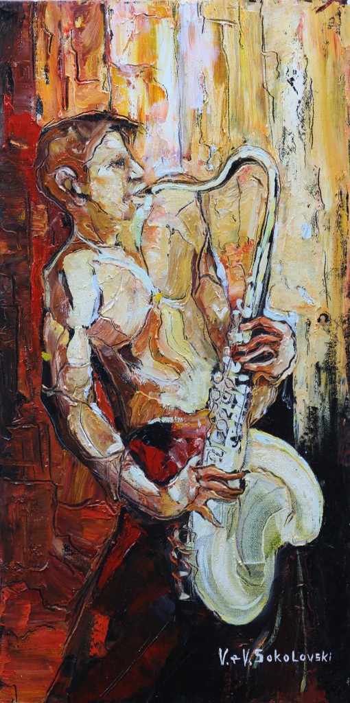 Musicians series - Saxaphone - Oil on canvas, 20x12 - Valeri Sokolovski