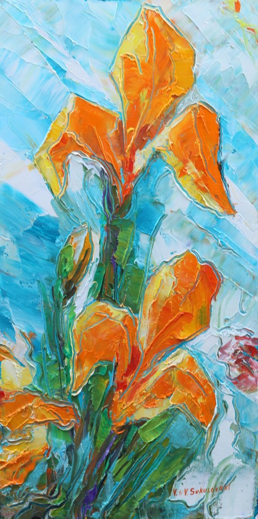 Orange Iris - Oil on canvas, 24x12 - Valeri Sokolovski