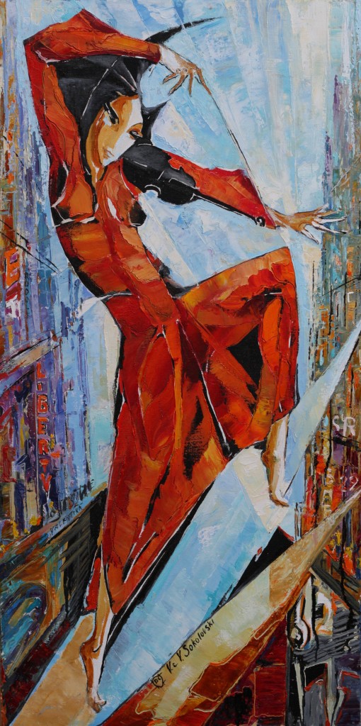 Street Musician series 2 - Violist - Oil on canvas - 36 x 18 inches - Valeri Sokolovski - artofvaleri.com