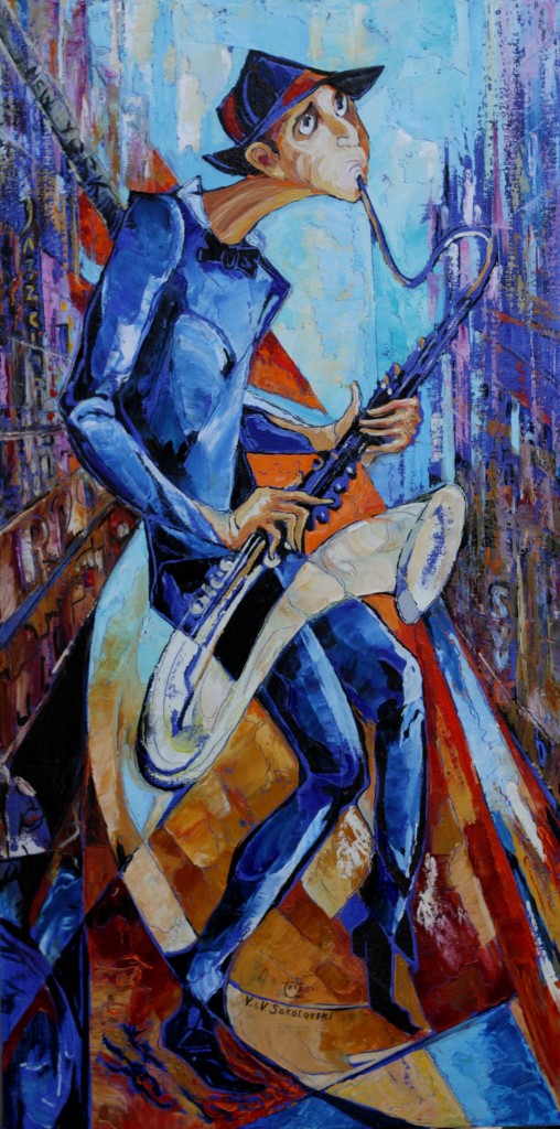 Street Musician series 2 - saxophonist- Oil on canvas - 36 x 18 inches - Valeri Sokolovski - artofvaleri.com