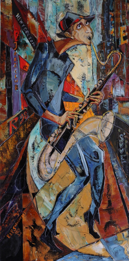 Street Musician Triptet - oil on canvas -36x18 - Valeri Sokolovski