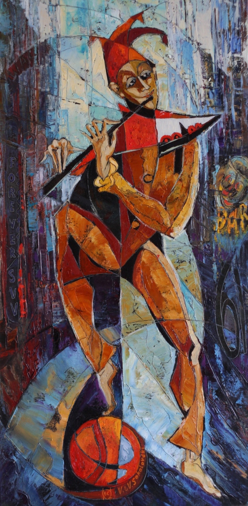 Street Musician Triptet - oil on canvas -36x18 - Valeri Sokolovski